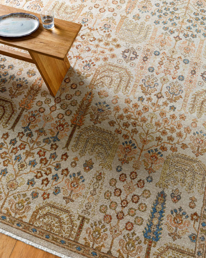 Arezzo Wool Rug styled with bench