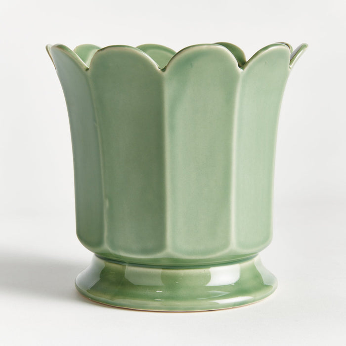 Ascot Celery Green Ceramic Pot - petal edges and pedestal base