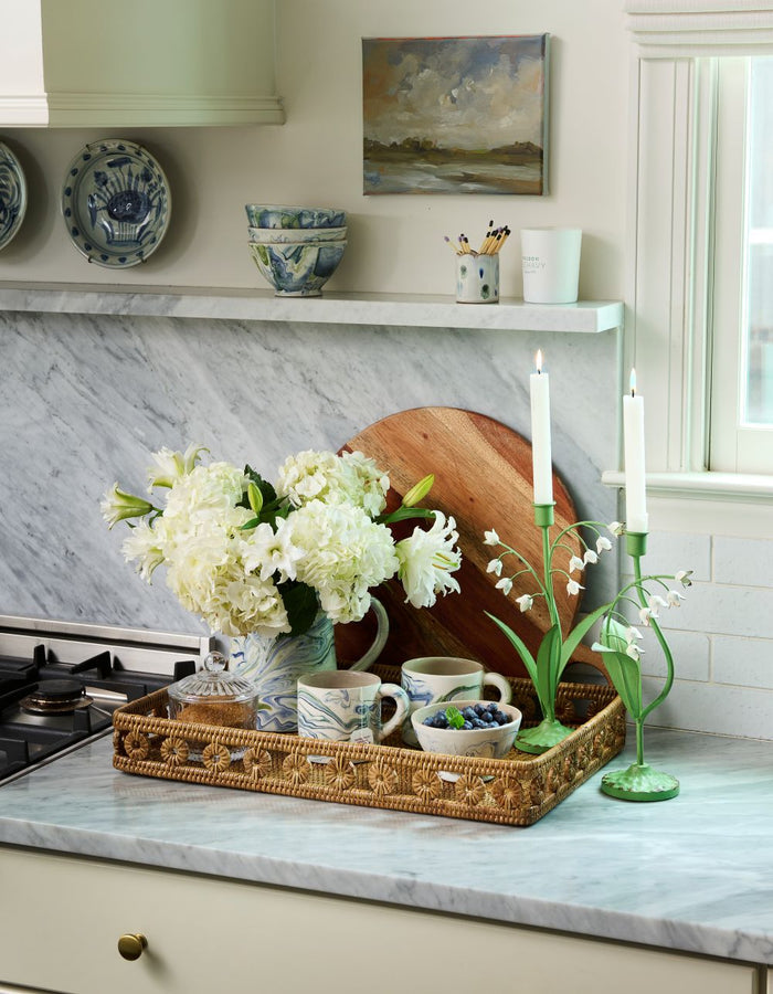 Menton Rectangle Rattan Tray styled in kitchen with Lily of the Valley Candle Holders