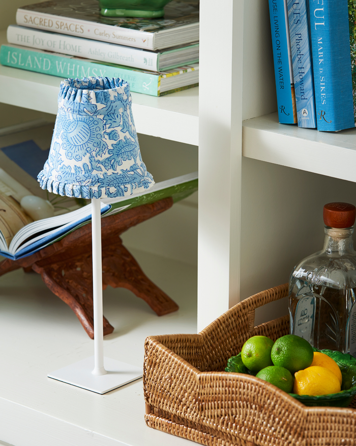 Blue Floral Cordless Lamp Shade styled on white lamp