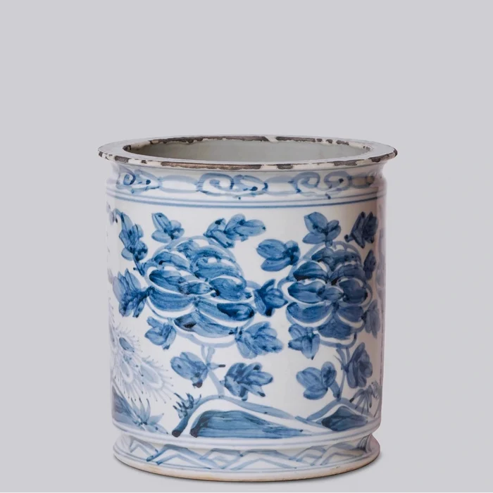 Hand Painted Blue Peacock Orchid Pot flower details