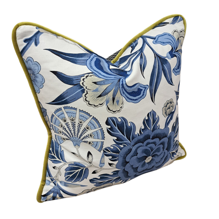 Blue & White Floral Pillow w/ Citron Cording - 20”