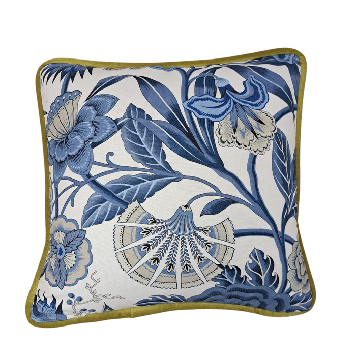 Blue & White Floral Pillow w/ Citron Cording - 20”