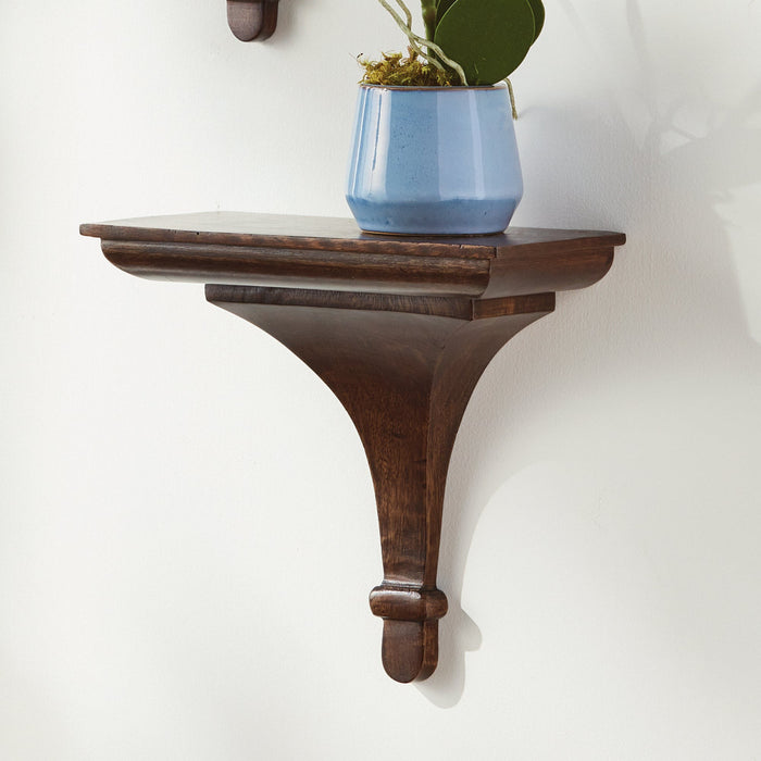 Breton Stained Wood Wall Bracket with small blue pot on top