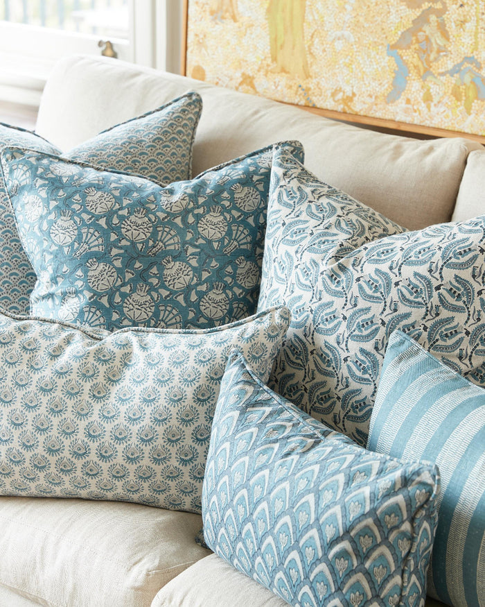 Broccato Mineral Pillow Cover styled with Iznik, Haveli and Lyon Mineral
