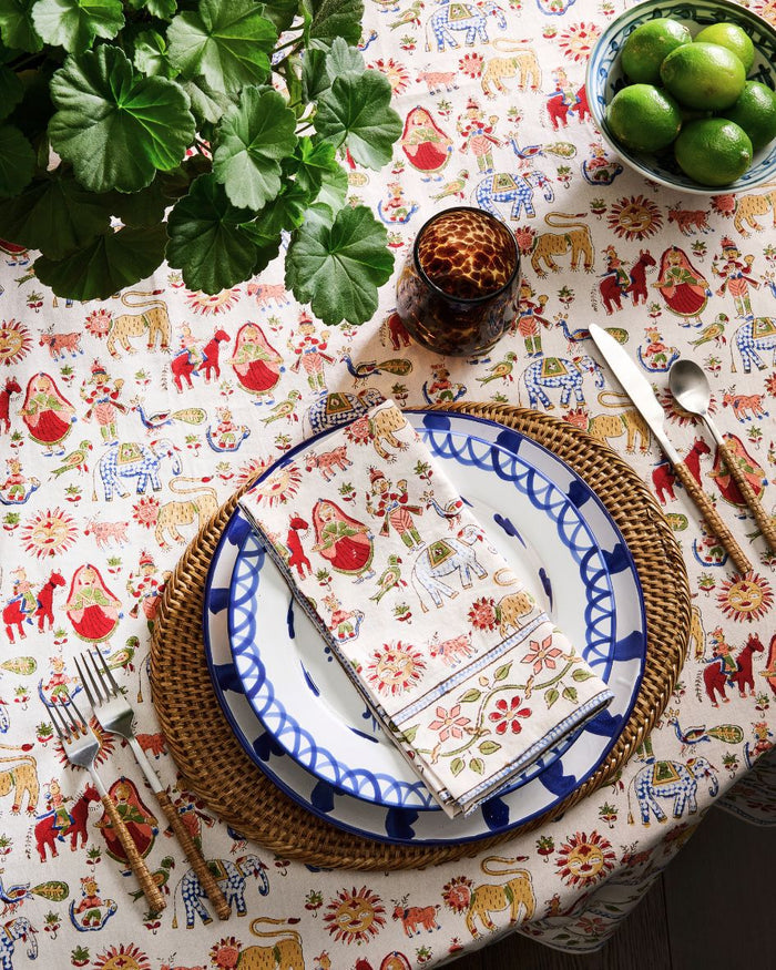 Carnival Block Print Table Cloth and Napkins styled with Pomelo Casa Dinnerware