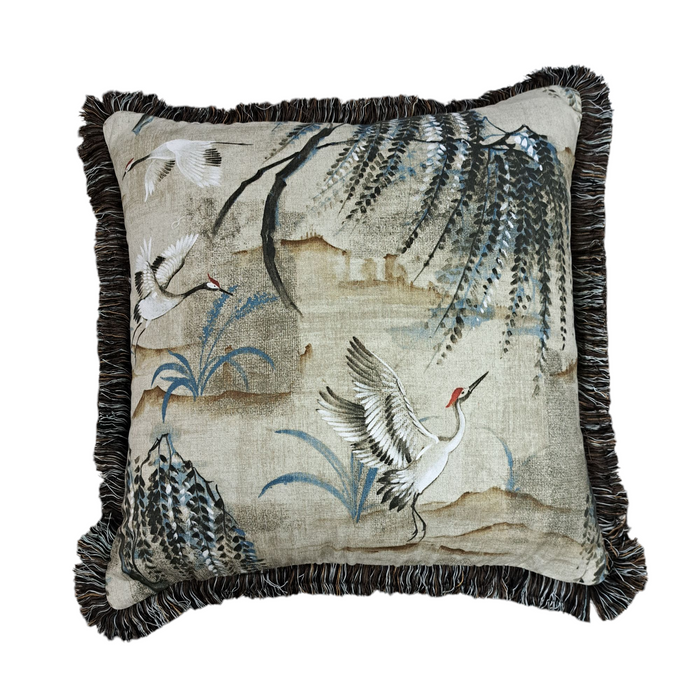 Crane Pillow with Brown Fringe - 22”