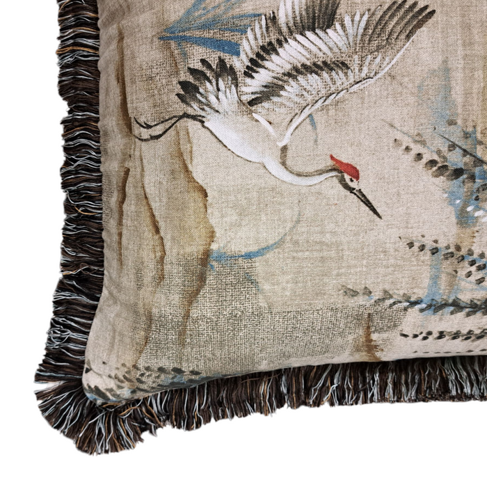 Crane Pillow with Brown Fringe - 22”