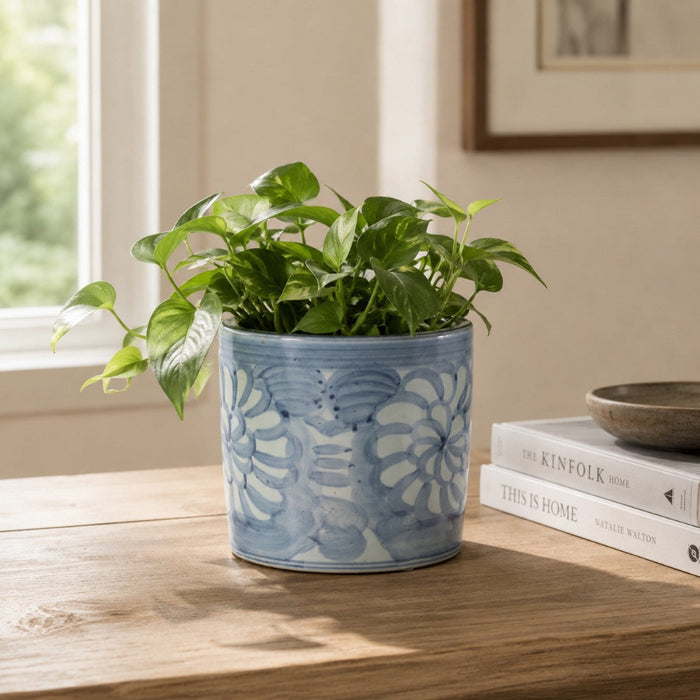 Dahlia Cachepot styled with green plant