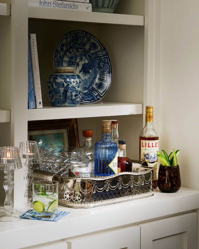 Devon Nickel Embossed Small Bar Tray Styled with cocktails - Dear Keaton