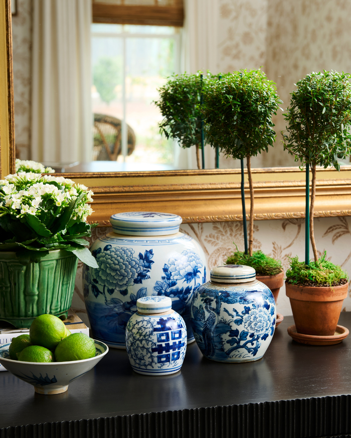 Peony Lidded Ming Jar styled with myrtle topiaries