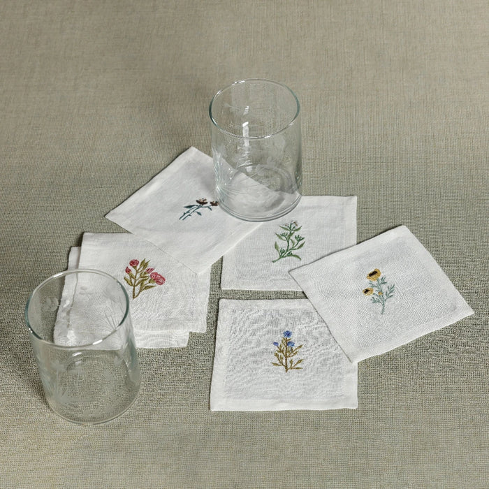 Floral Linen Cocktail Napkin Set with glass tumblers