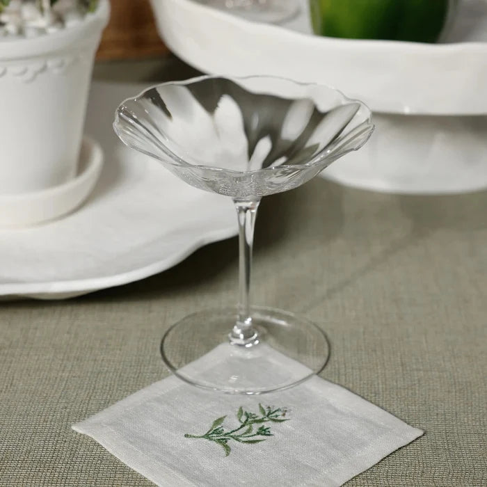 Floral Linen Cocktail Napkin with glass fluted coupe