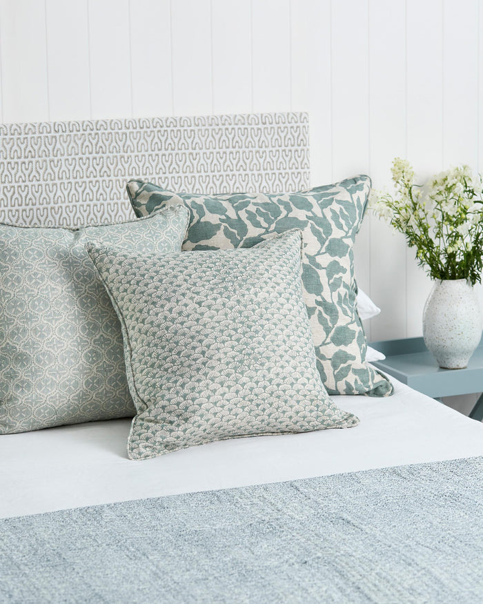 Flores Celadon and Sensu Pillow Cover styled on bed