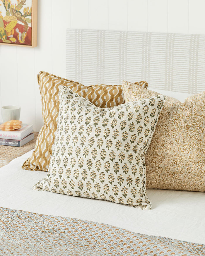 Fossano  and Salotto Saffron Pillow Cover on bed
