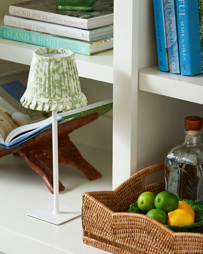 Green Floral Pleated Cordless Lamp Shade styled on bar