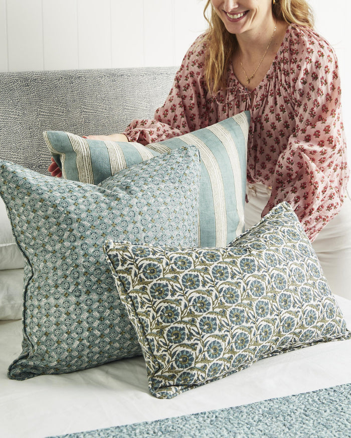 Istanbul Slate Pillow styled on bed