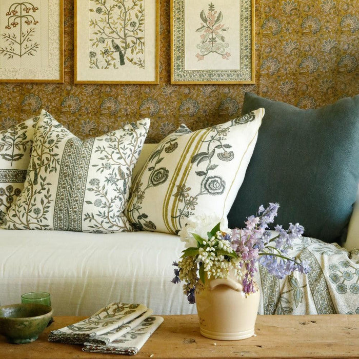 Ora Azure Pillow Cover styled with Ek Chriya and Lynette Covers on sofa