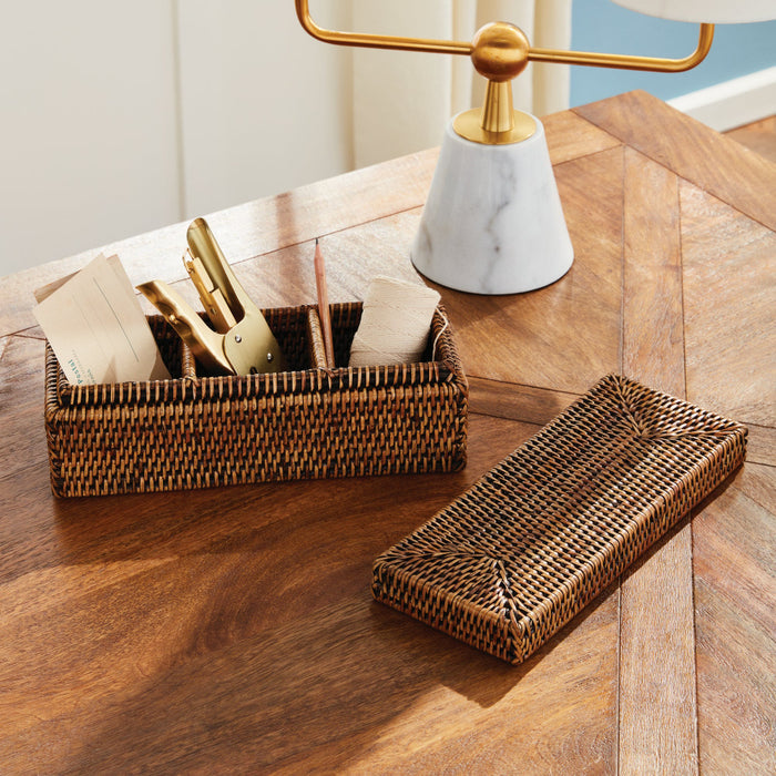 Woven rattan storage basket with office supplies