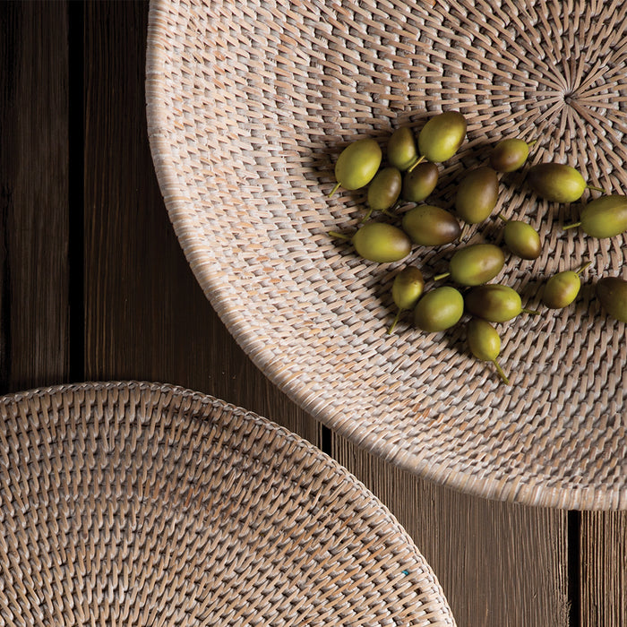 Mandalay Whitewash Woven Rattan Offering Pedestal Bowl closeup