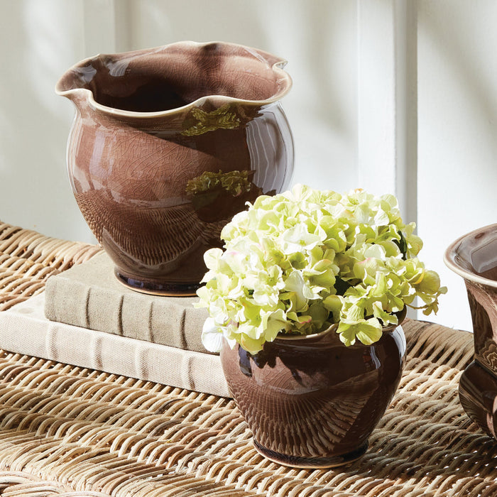 Margot Brown Ruffle Pots styled with hydrangeas