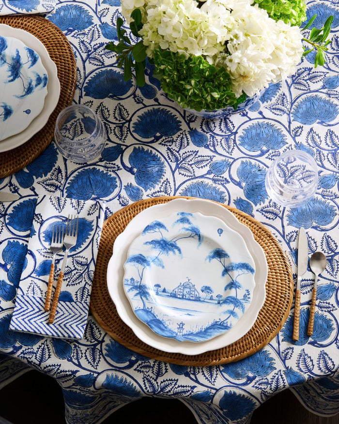 Meadows Table Cloth and Napkins styled with rattan placemats - Dear Keaton