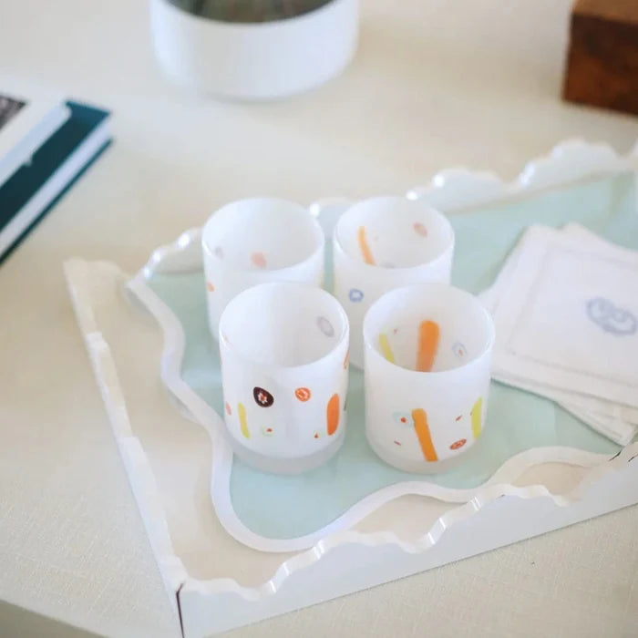 White Millefiore Stripe Tumbler Set on tray
