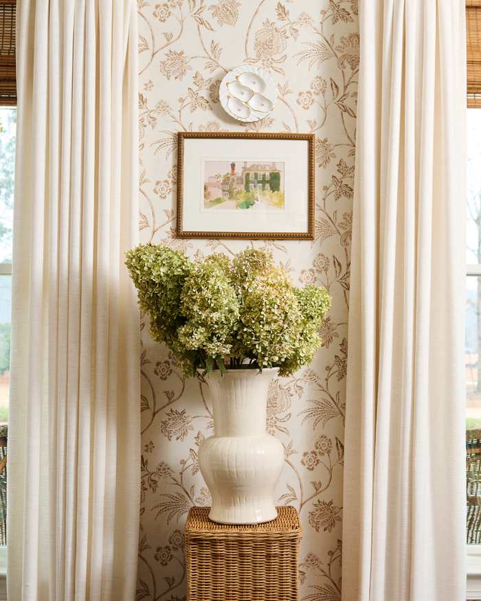 Neema Wide Mouth Vase styled with dried hydrangeas