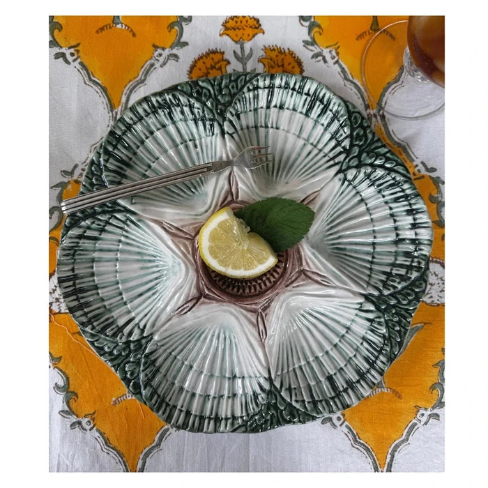 Nola Green and Brown Oyster Plate styled on Sunny Days Tablecloth