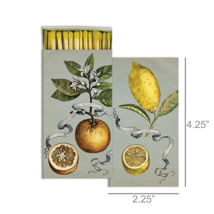 Orange and Lemon Blossom yellow tipped Matches dimensions