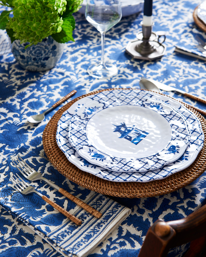 Blue Bird Block Print Table Cloth styled on table - Dear Keaton