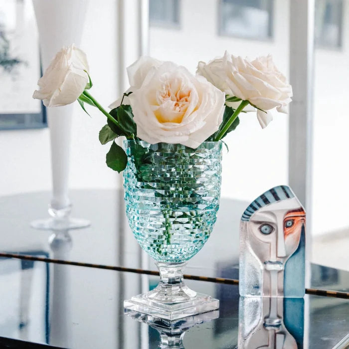 Pale Blue Cut Glass Short Hurricane  with roses