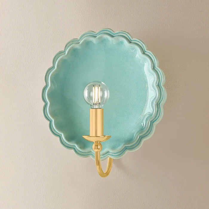 Pierce Celadon Scalloped Edge Wall Sconce on wall