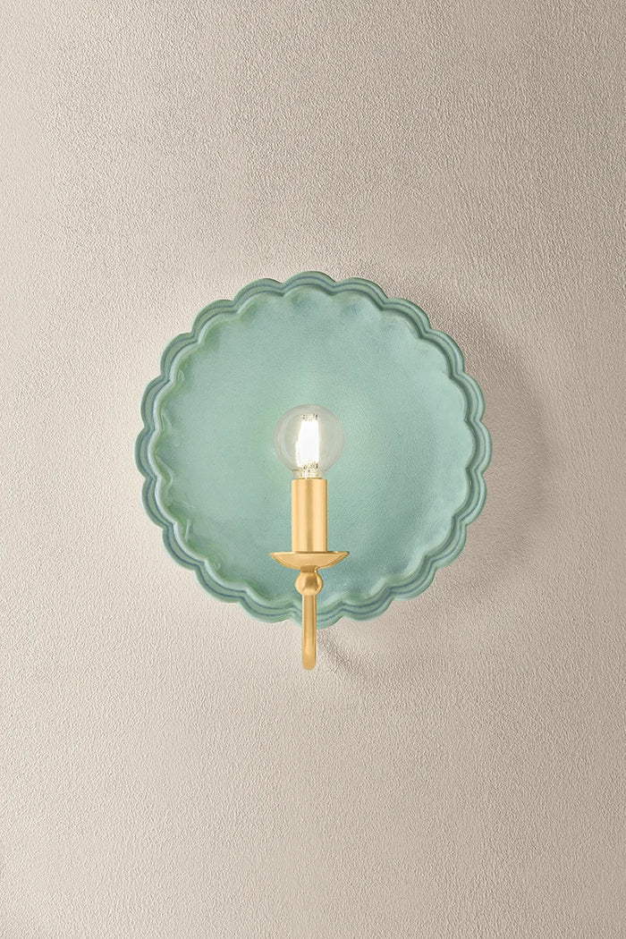 Pierce Celadon Scalloped Edge Wall Sconce illuminated