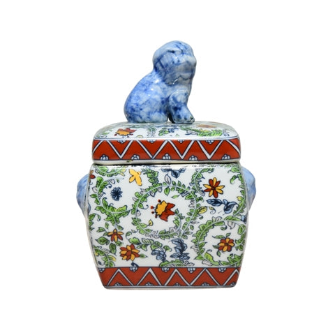 Porcelain Foo Dog Jar - Green & Red