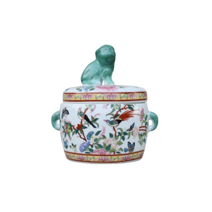 Porcelain Foo Dog Jar - Rose Canton Round