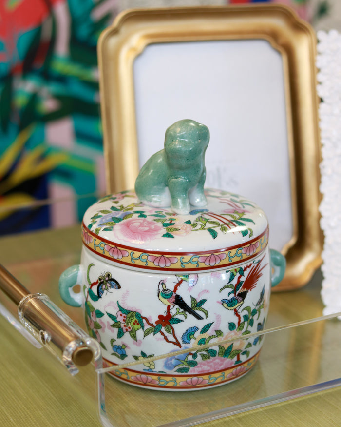 Porcelain Foo Dog Jar - Rose Canton Round