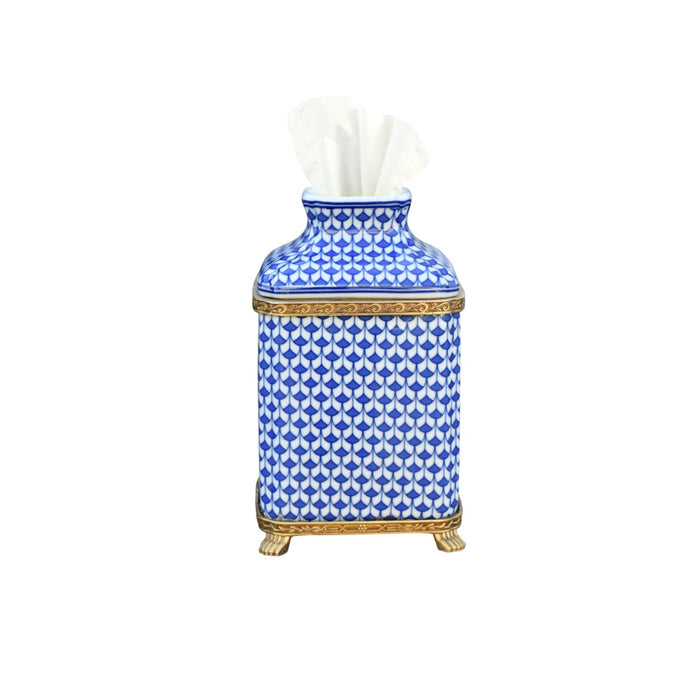 Porcelain Tissue Box - Blue Fish Scales on Bronze Base