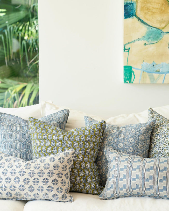 Simrane Moss Azure Paisley Pillow on Sofa