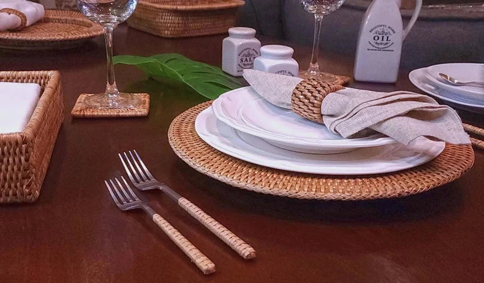 Solid Weave Rattan Charger styled with  white dinnerware