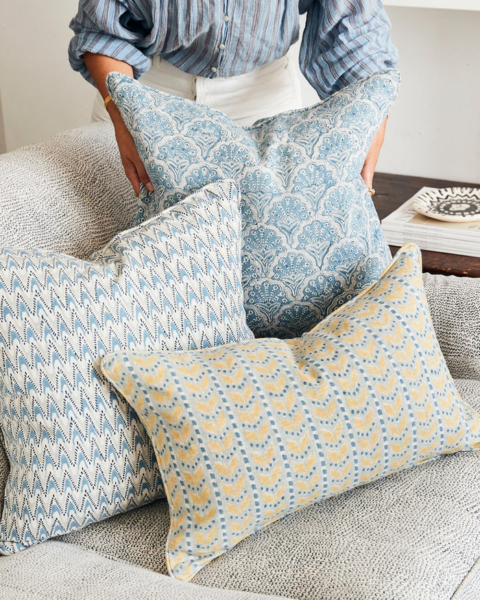 St Tropez Azure Pillow Cover styled on sofa