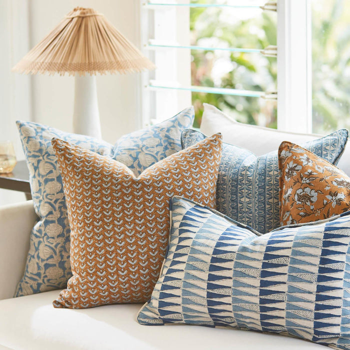 Tangier Denim Lumbar Styled with Aswan Sahara, Corfu Riviera Pillow Covers