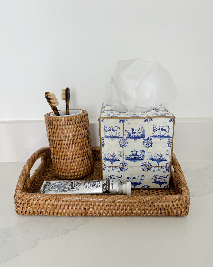 Delft tissue box cover in Teplin wicker tray