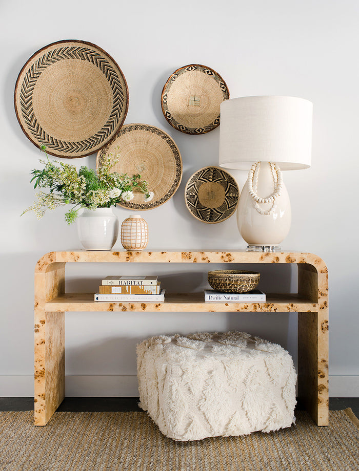 Dear Keaton Manry Burlwood Console Akashi Pouf Bone Bead Eggshell Lamp Ali Harper