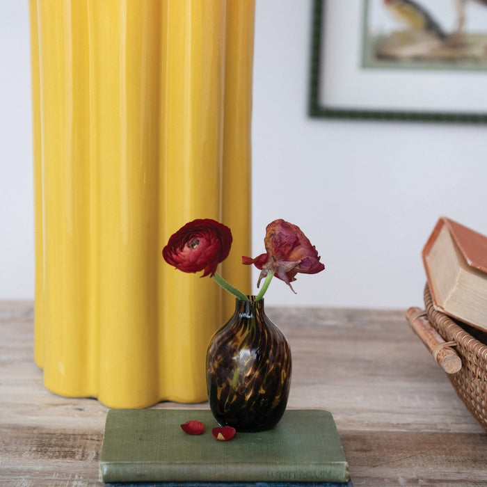 Tortoise Glass Bud Vase with red blooms