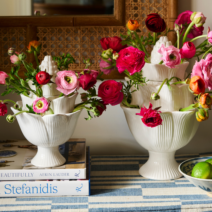 White Artichoke Tulipieres - colorful Ranunculus blooms
