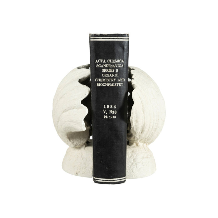 White Shell Cast Iron Bookends styled with black book