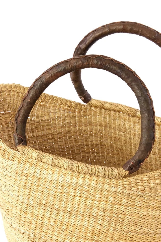 Natural Straw Wing Shopper Tote  - leather handles